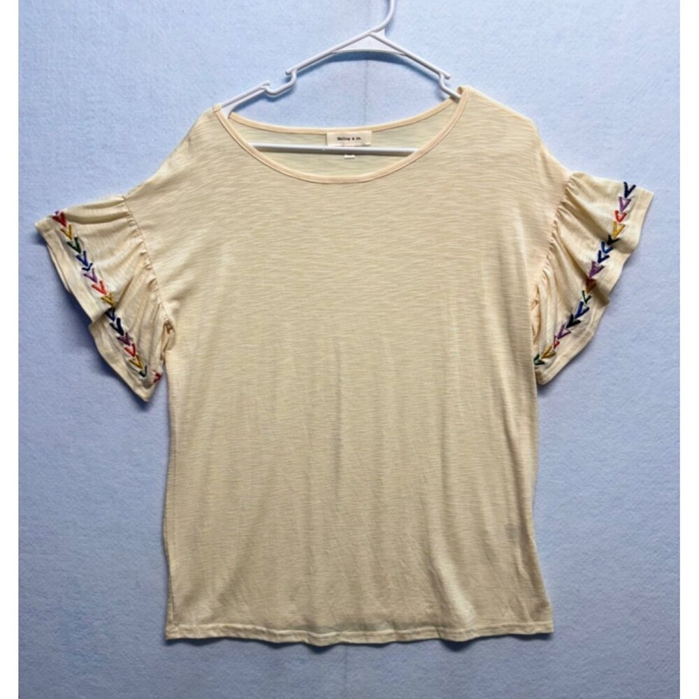 Hailey & Co. Womens Embroidered Ruffle Sleeve Top Size Small Beige